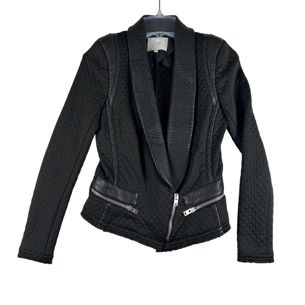 IRO Ashby‎ Jacket Womens 40 Textured Knit Leather Trim Moto Biker Pockets Short